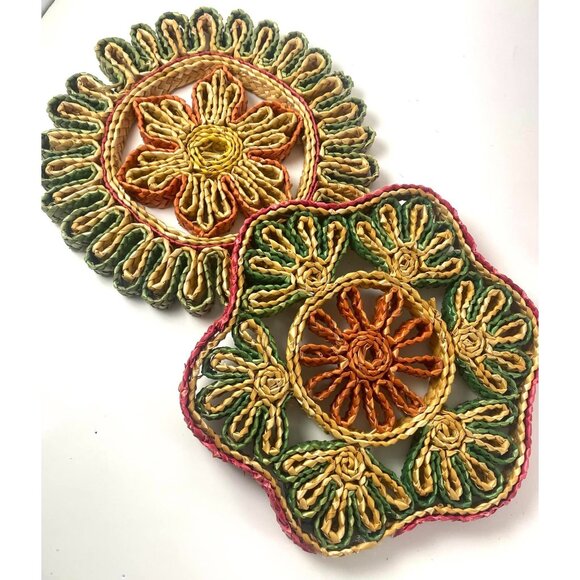 4 Vintage Woven Straw Trivets Multicolor Rattan Braided Rafia Hot Pads Hot Dish - Picture 4 of 5